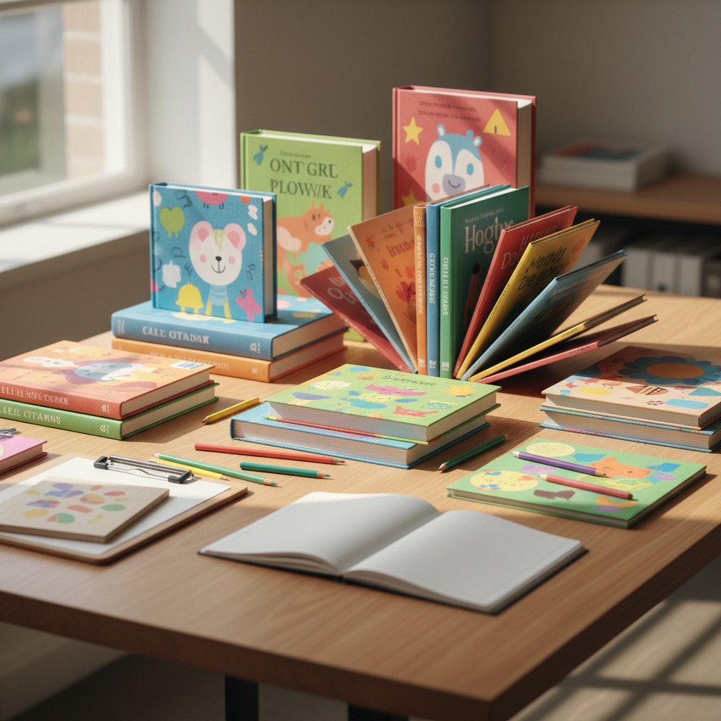 A cluttered wooden desk with a collection of children's books and various stationery items spread about. The books are bri...