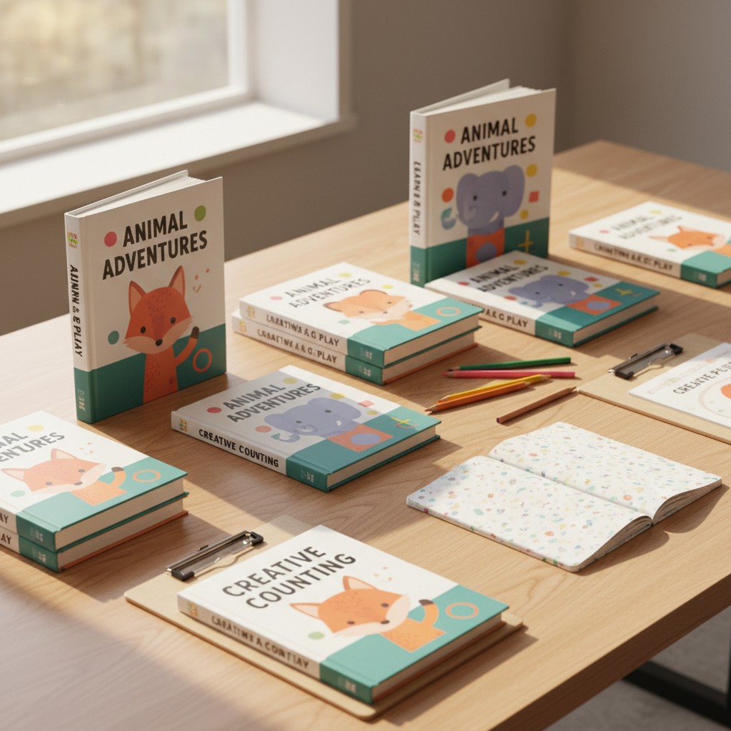 Animated educational books including Animal Adventures, and Creative Counting on a light wood table, for interactive reading.
