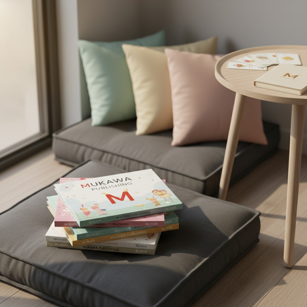 A dark gray cushion sits on a light-brown wooden floor, adorned with a stack of colorful children's books featuring the pu...