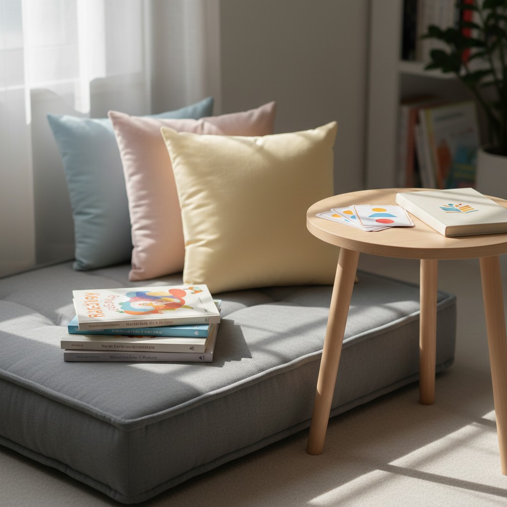 A gray, cushioned seat with low back features, no armrests, in a room with pastel and white accent pillows, an end table, ...