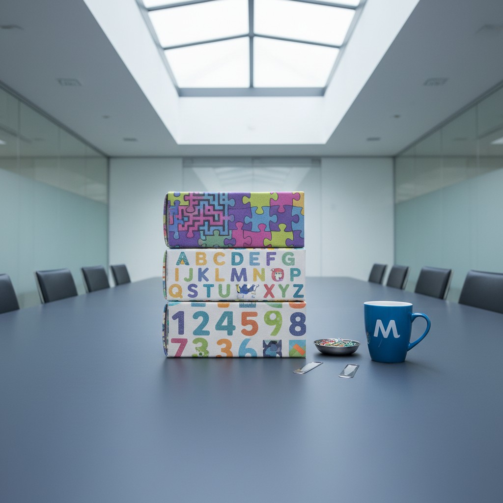 An office meeting room with gray tables and chairs, featuring a stack of three puzzle-themed paper boxes in four colors, w...