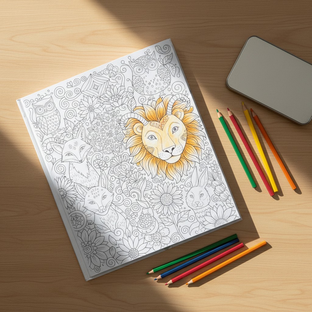 An adult coloring book featuring a lion with horns, surrounded by various animals, on a wooden table alongside colored pen...