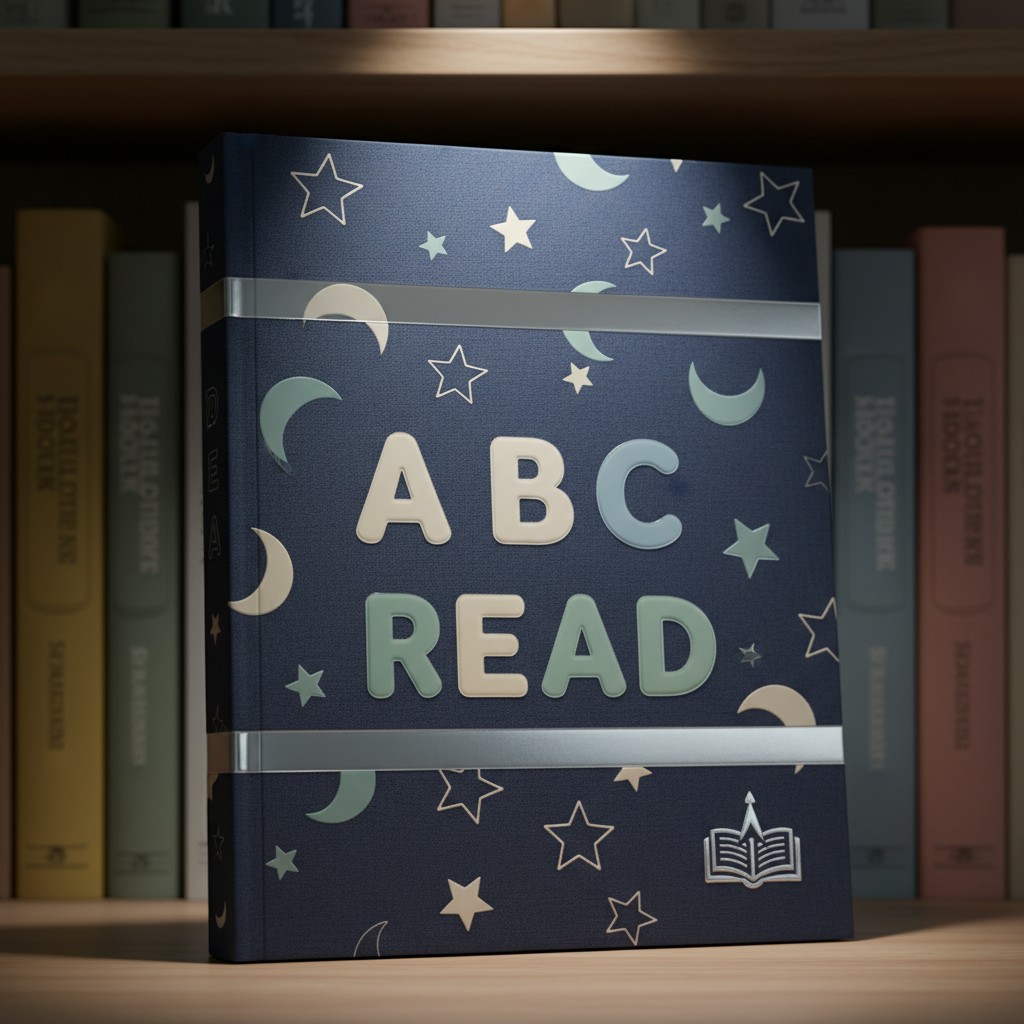 A blue children's book with ABC and READING featuring full moon and star cutouts sitting on a shelf.